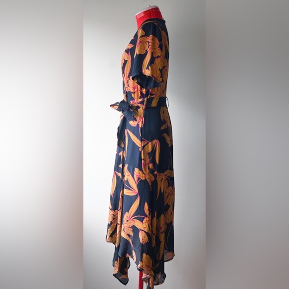 [SOLD] A.L.C Avi Dress Black Ochre Iris Print 100% Silk 1930's Revival Wrap - Picture 5 of 16
